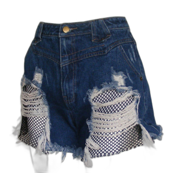 Nude Label Denim Shorts, L, Blue cut-offs, Fish net inserts, Distressed, Frayed - Picture 3 of 15
